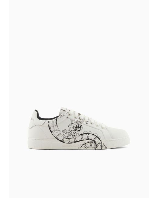 Sneakers En Cuir Imprimé Dragon Emporio Armani en coloris White