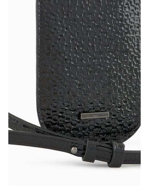 Emporio Armani Black Pebbled Patent Leather Glasses Case With Strap for men
