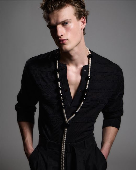 Emporio Armani Black Lyocell-Blend, Henley Neckline Jumper for men