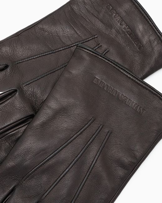 Emporio Armani Black Lambskin Nappa Leather Gloves With Baguette Detail for men