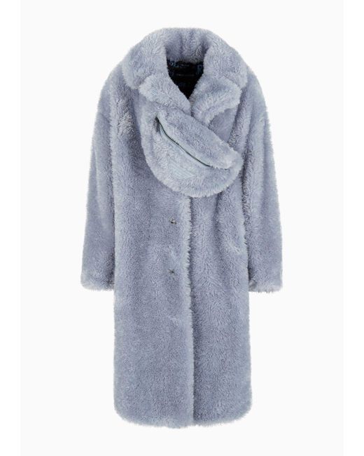 Emporio Armani Blue Faux-fur Coat With Lapels And Belt Bag