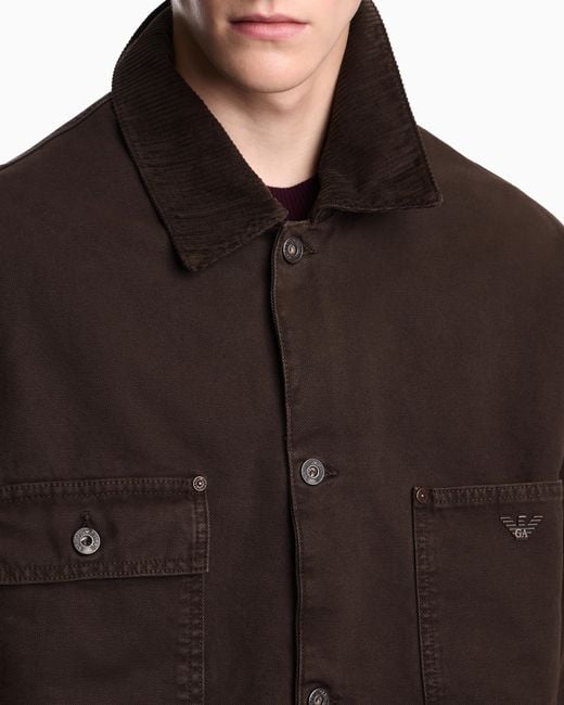 Emporio Armani Brown Cotton Caban Coat With A Corduroy Collar And Patch Pockets for men
