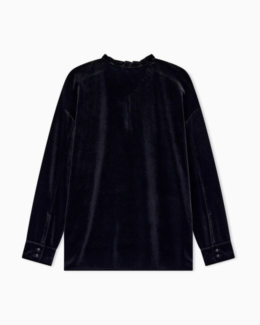 Emporio Armani Blue Chenille Jumper With Ruffled Neckline And Button Placket