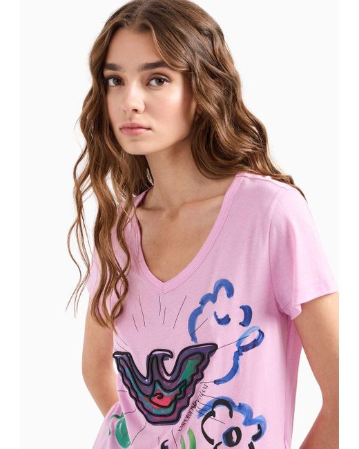 Camiseta Con Cuello De Pico De Punto Suave De Mezcla De Modal Con Estampado Y Bordado De Águila Emporio Armani de color Pink