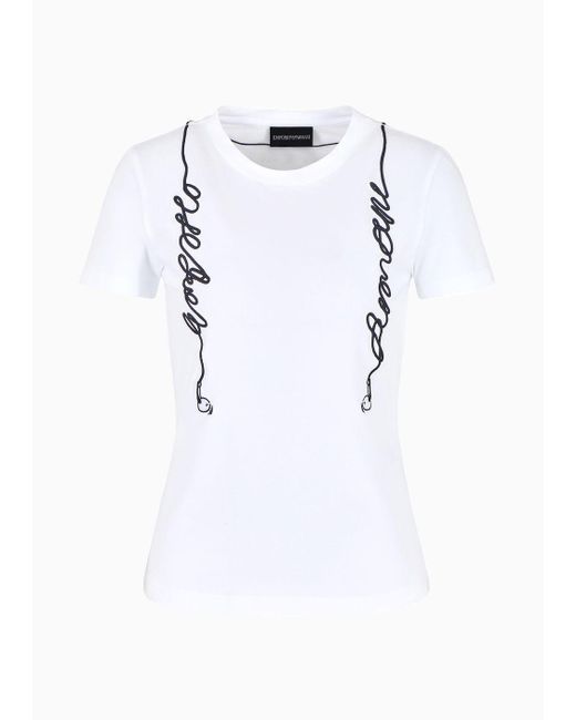 Emporio Armani White Asv T-shirt Aus Bio-jersey Mit Kursiver Kopfhörer-trompe-l'oeil-stickerei