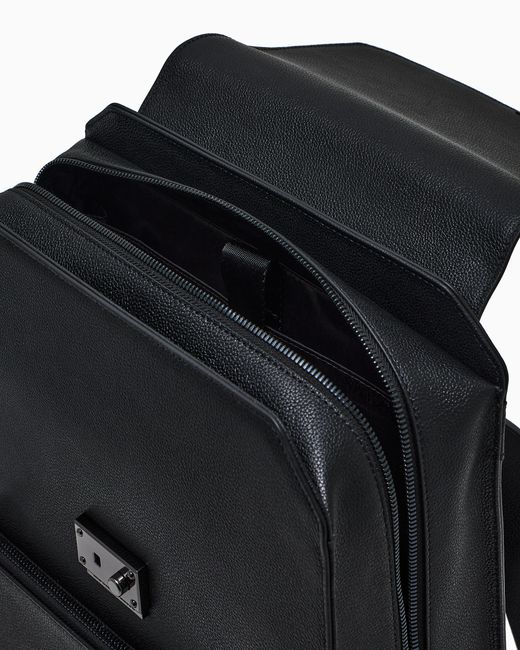Emporio Armani Black Tumbled Top With Flap Leather Backpack And Laptop Sleeve for men