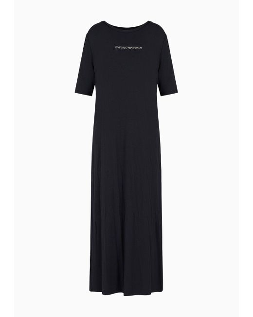 Emporio Armani Black Stretch-viscose Long Beachwear Dress With Micro-studded Logo