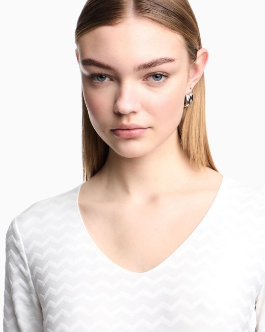 Emporio Armani White Jersey Jumper With A V-Neck And Jacquard Pattern Essential