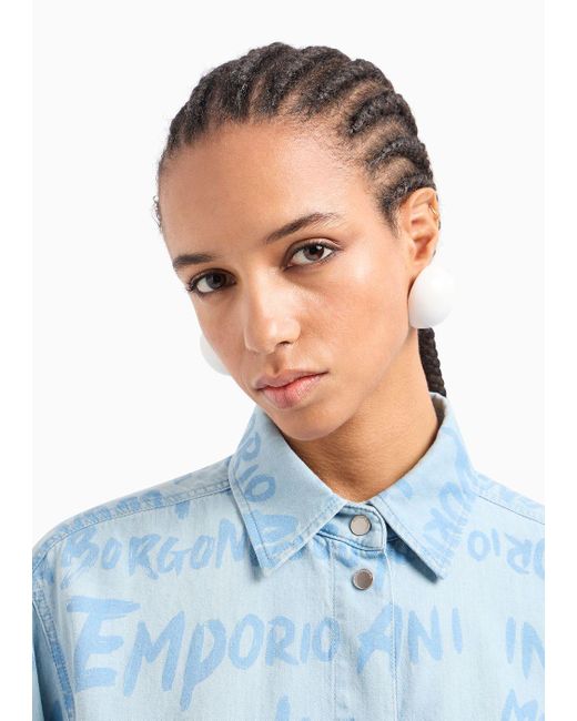 Emporio Armani Blue Light Denim Shirt With All-over Lettering Print