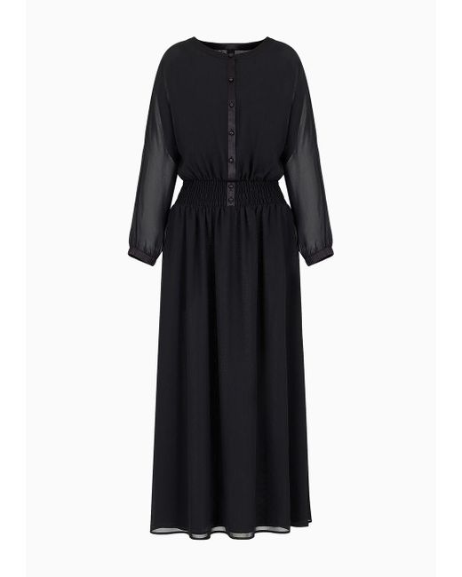 Emporio Armani Black Long Dress In Georgette With Gathered Waist