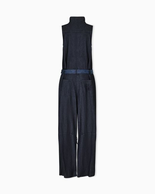 Emporio Armani Blue Lightweight Denim Jumpsuit With Embroidery On The Pocket