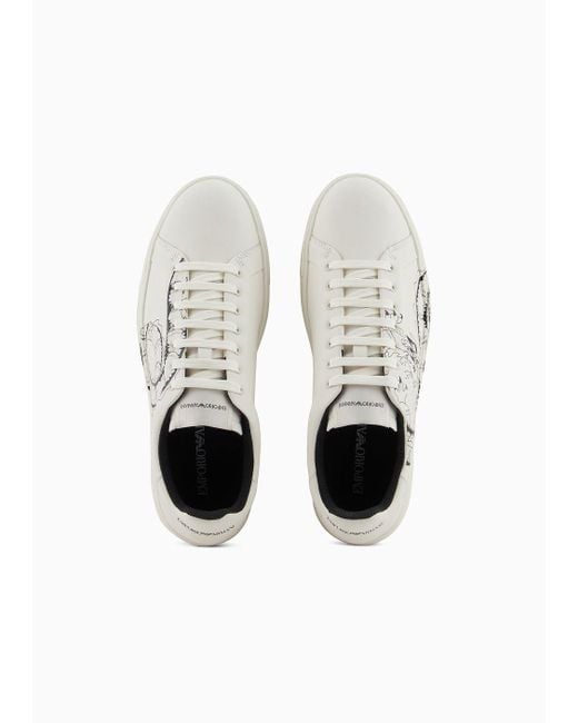 Emporio Armani White Dragon-print Leather Sneakers for men