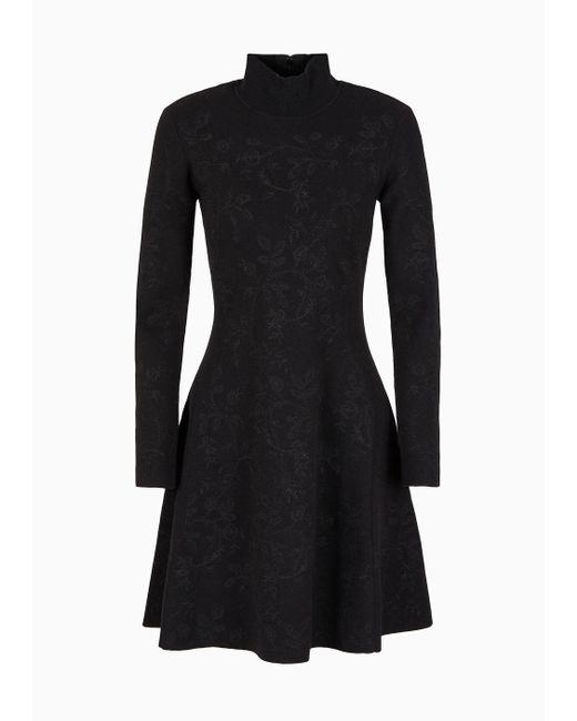 Emporio Armani Black Knitted Mock-neck Dress With All-over Matching Floral Embroidery