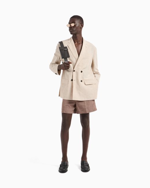 Emporio Armani Natural Double-Breasted Linen-Blend Blazer for men