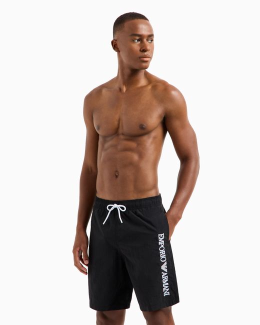 Emporio Armani Black Boardshorts Swimwear With Vertical Logo Embroidery for men