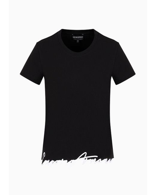 Emporio Armani Black Asv Organic-jersey T-shirt With Embroidered Shaped Hem