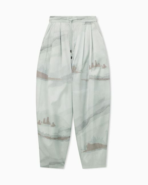 Emporio Armani Blue Trousers With Landscape Print And Pleated High Waist And Wide Leg