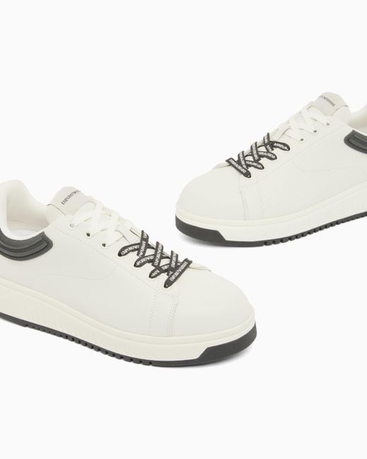 Emporio Armani White Leather Sneakers With Rubber Back Knurled Sole for men