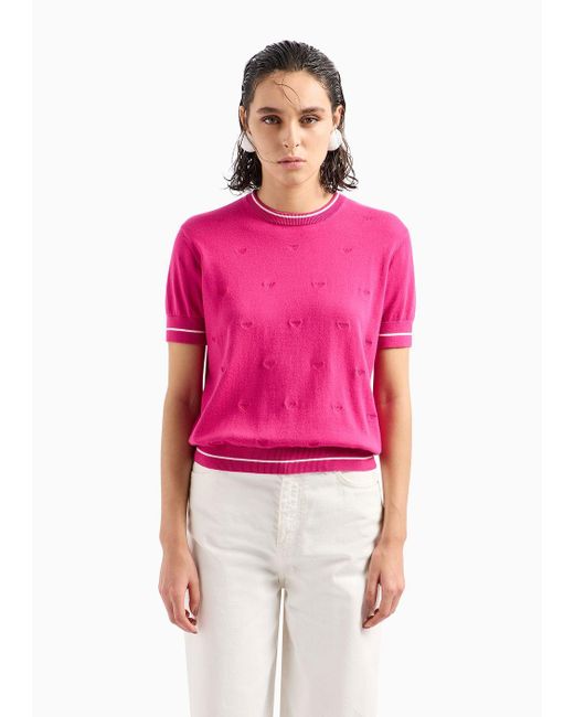 Emporio Armani Pink Short-sleeved Jumper With All-over Micro-eagle Embroidery