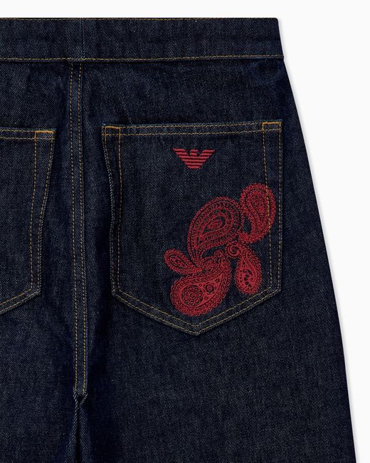 Emporio Armani Blue Denim Jeans With Boteh Capsule Embroidery