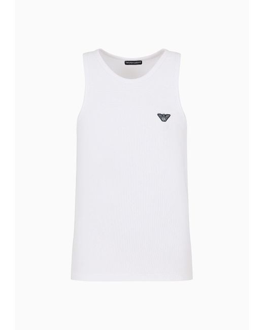 Emporio Armani White Ribbed Cotton Loungewear Tank Top With Micro Eagle Patch for men