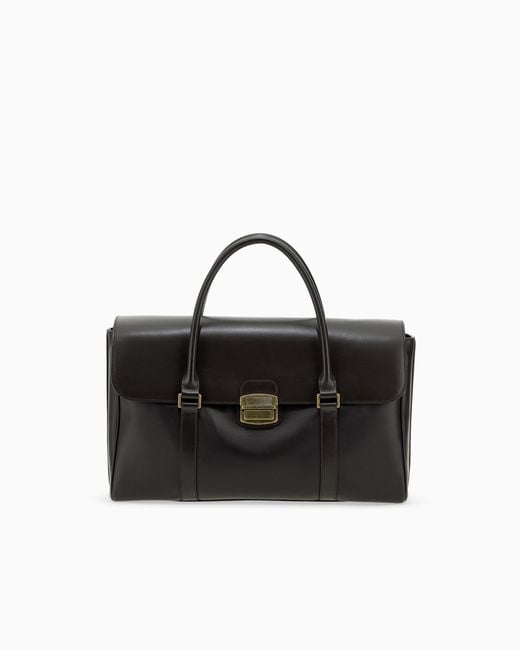 Emporio Armani Black Leather Briefcase With A Flap Closure And A Metal Clasp for men
