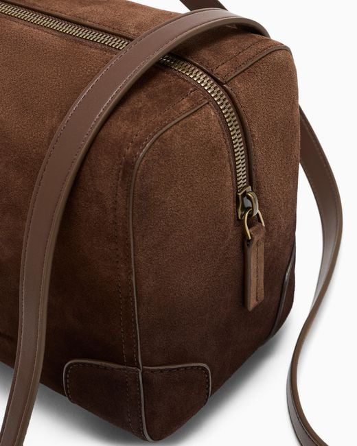 Emporio Armani Brown Suede Bowling Bag With Shoulder Strap for men