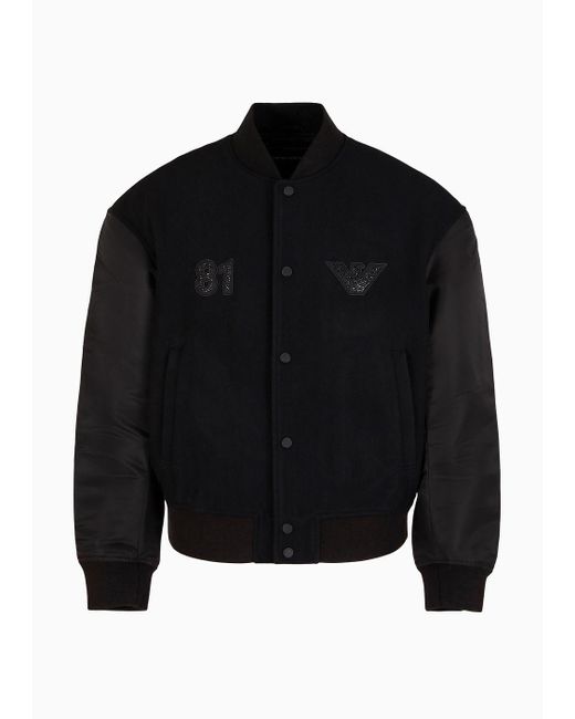 Emporio Armani Black Clubwear Casentino Wool Bomber Jacket With Nylon Sleeves And Rhinestone Patch for men