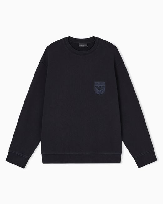 Emporio Armani Blue French Terry Jersey Sweatshirt With Shield Embroidery for men