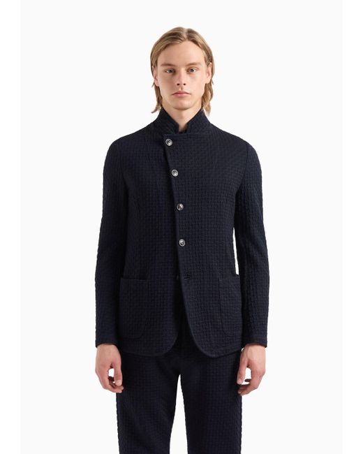 Emporio Armani Blue Guru-collar Jacket With Off-center Fastening In Grisaille-weave Jersey for men
