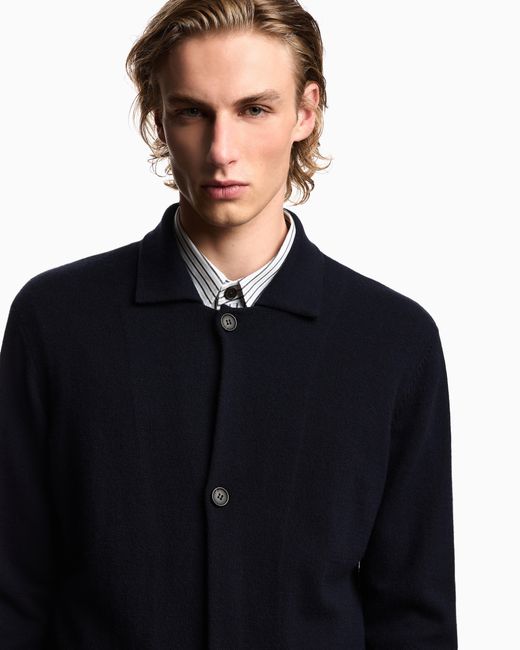 Emporio Armani Blue Plain-Knit Virgin-Wool Jacket for men