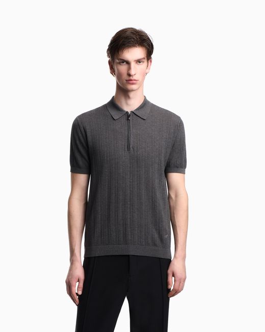 Emporio Armani Gray Vertical Tuck-Stitch Jumper With Polo-Shirt Collar for men