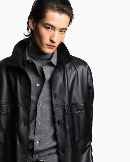 Emporio Armani Black Ultra Light Lambskin Nappa Leather Shirt Jacket for men
