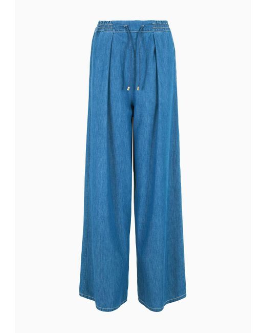 Emporio Armani Blue Light Denim Wide-leg Trousers With Drawstring
