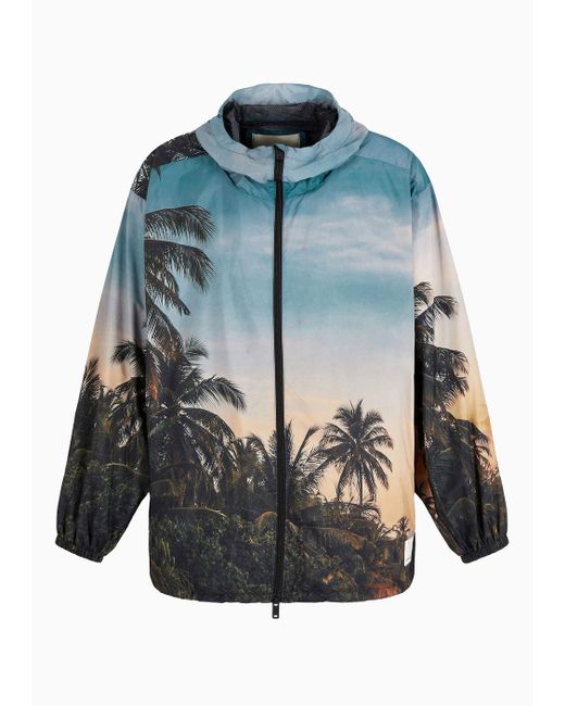 Emporio Armani Blue Sustainability Values Capsule Collection All-over Print Recycled Satin Hooded Blouson for men
