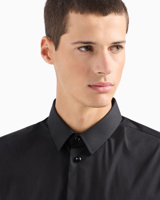Camisa De Popelina De Algodón Elástico Emporio Armani de hombre de color Blue