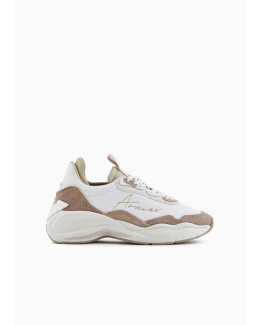 Emporio Armani White Leather And Suede Sneakers With Signature Logo