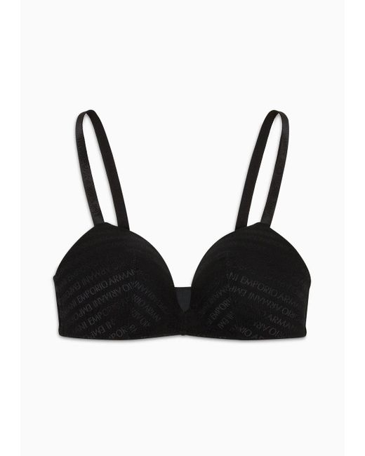 Emporio Armani Black Armani Sustainability Values Padded Triangle Bra In Recycled Bonded Mesh With All-over Lettering