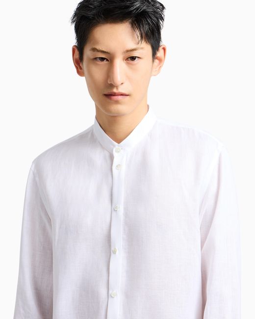 Emporio Armani White Linen Chambray Shirt With Guru Collar for men