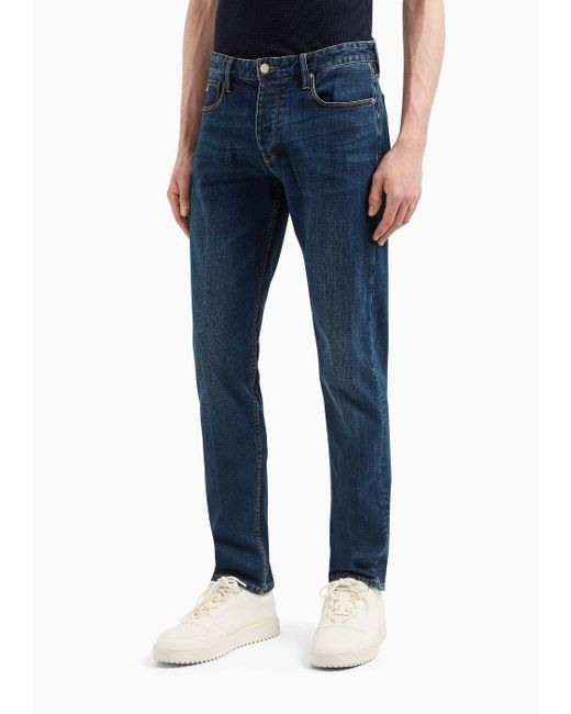 Emporio Armani J75 Slim Fit Jeans Aus Verwaschenem, Elastischem Denim in Blue für Herren