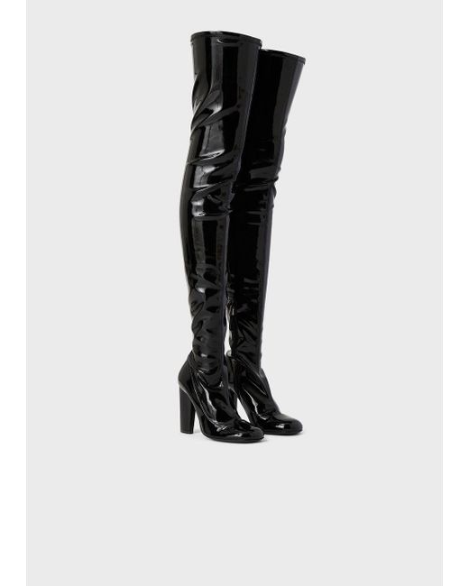 Emporio Armani Thigh-high Heeled Boots In Stretch Patent Leather in ...