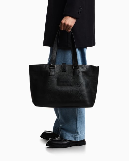 Emporio Armani Black Tumbled Leather Shopper Bag for men