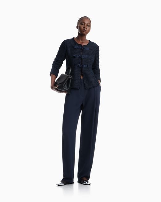 Emporio Armani Blue Unlined Textured Jacket With Ottoman Bows And Round Neckline