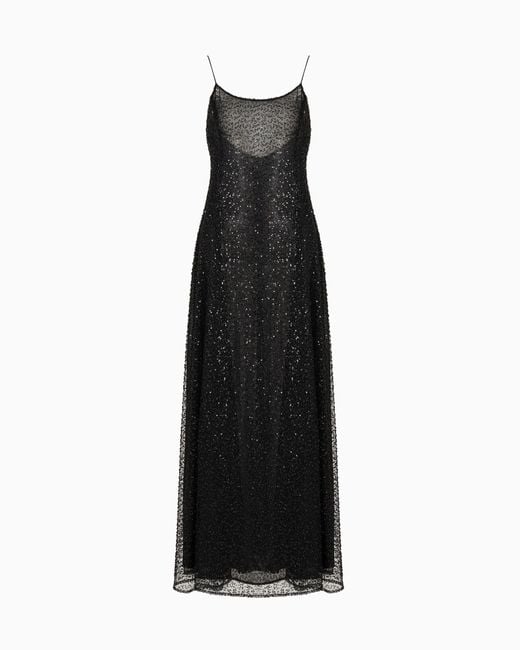 Robe Longue En Tulle Avec Broderie Micro Paillettes Et Jais All Over Emporio Armani en coloris Black