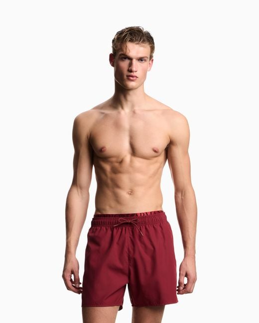 Emporio Armani Red Swim Shorts With Logo Waistband for men