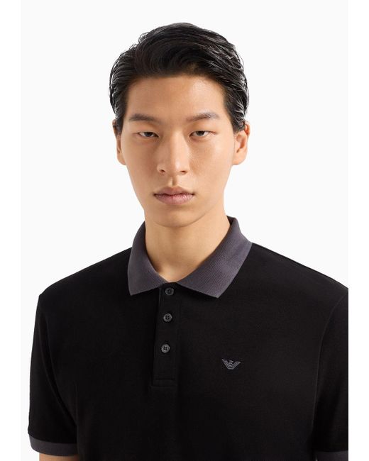Emporio Armani Black Mercerised Piqué Polo Shirt With Micro Eagle Embroidery for men