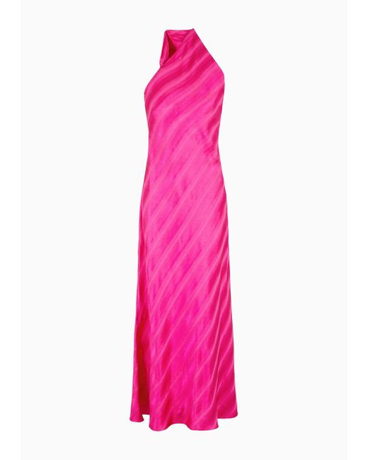 Emporio Armani Pink One-shoulder Long Dress In Jacquard Viscose With Diagonal Gradient-effect Motif