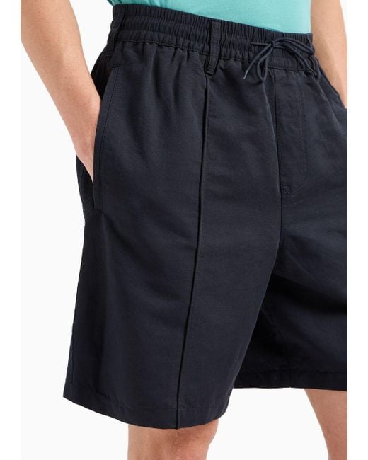 Emporio Armani Blue Linen-blend Twill Bermuda Shorts With Crease And Elasticated Waist for men