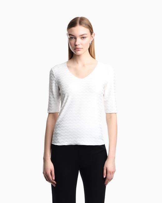 Emporio Armani White Jersey Jumper With A V-Neck And Jacquard Pattern Essential