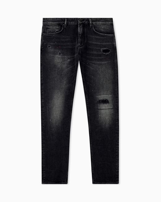 Emporio Armani Blue Five-Pocket Jeans Slim Fit Distressed With Paint Splatters for men